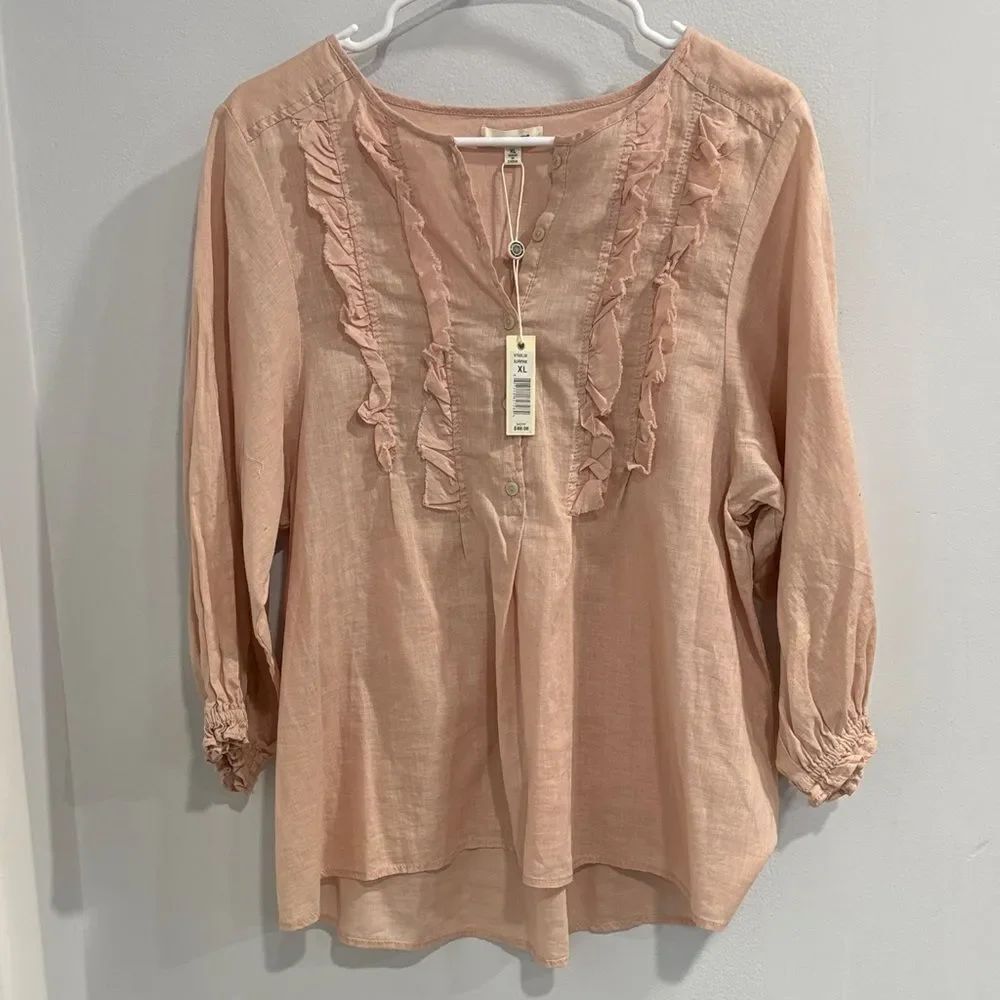 Max Studio Linen Blush Pinkish Peach Ruffle Detail Blouse